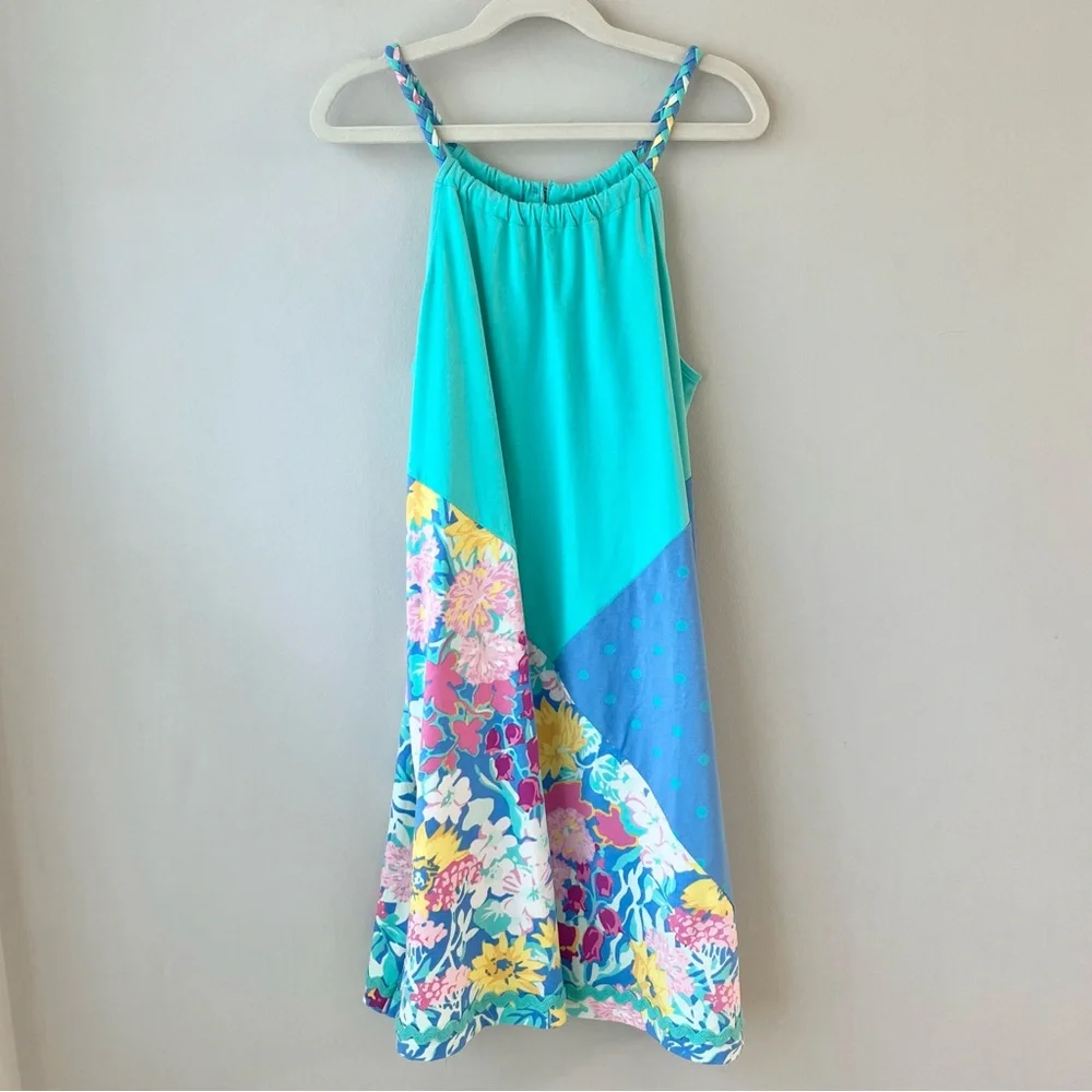 Matilda Jane NWT Aqua Blue Pink Polka Dot Daisy Braid Strap Dress Patchwork